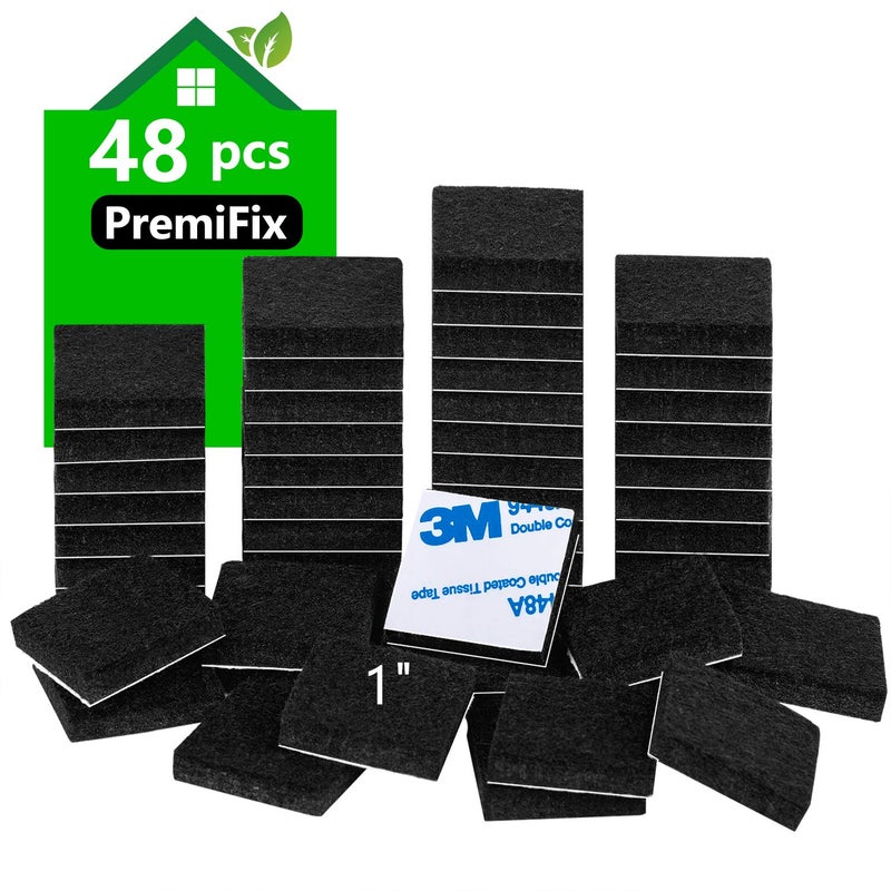 PremiFix Square Felt Pads for Chair Legs, Square Felt Furniture Pads 1 inch 48 Pieces Pack Black, Square Furniture Pads for Hardwood Floor 5mm Thick - Image 1